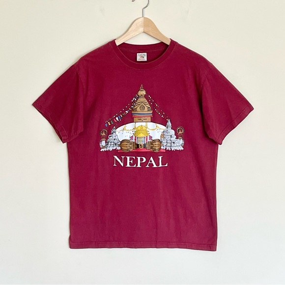 Nepal Buddha Stupa Graphic Burgundy T Shirt Adult size Large - Picture 2 of 9